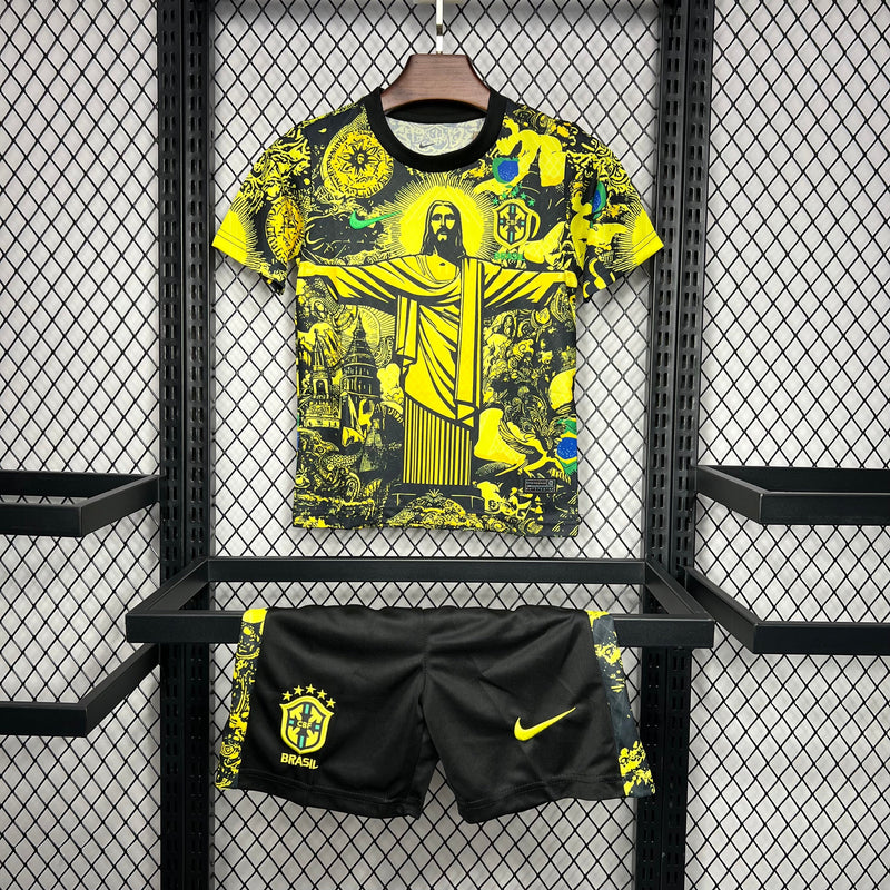 Kit Infantil Seleção Brasileira Cristo Redentor Amarelo Home + 🎁 5 Presentes