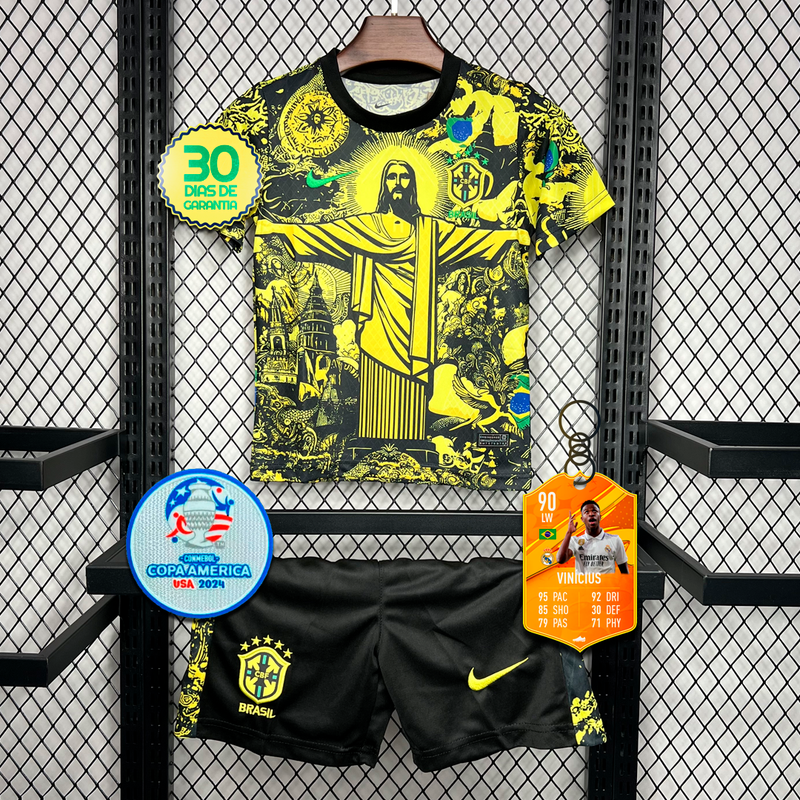 Kit Infantil Seleção Brasileira Cristo Redentor Amarelo Home + 🎁 5 Presentes